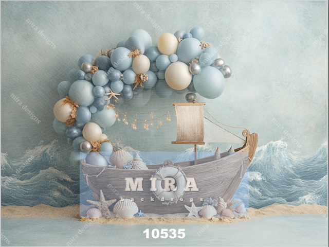 10535 - Barca con ghirlanda di palloncini con sfondo di un oceano dipinto