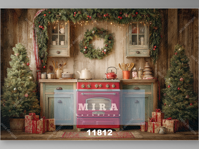 11812 - Cucina vintage in legno con addobbi di Natale