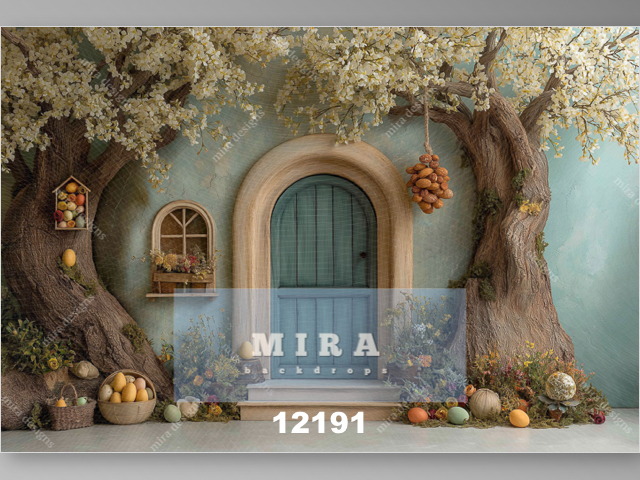 12191 - Porta con alberi e davanti uova di Pasqua