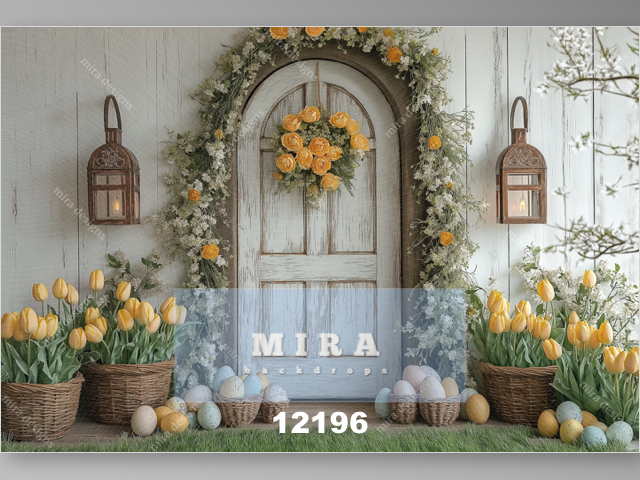 12196 - Porta con davanti tulipani gialli e uova di Pasqua