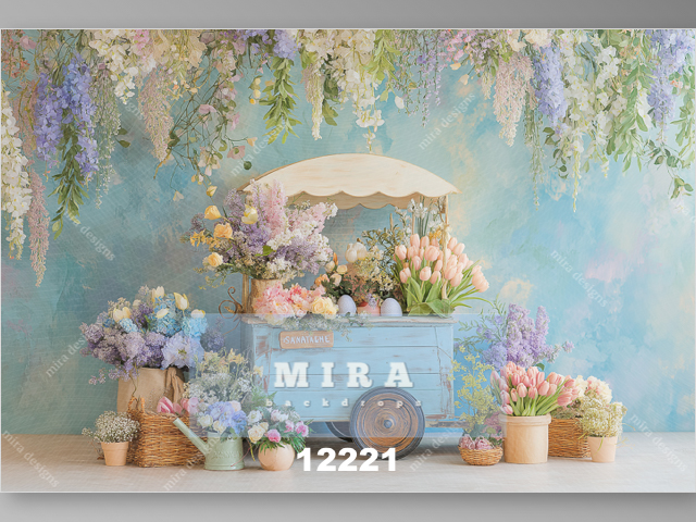 12221 - Carrello con vasi di fiori e tulipani con uova di Pasqua