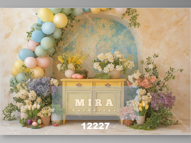 12227 - Ghirlanda di palloncini e fiori con uova di Pasqua sotto un mobiletto vintage