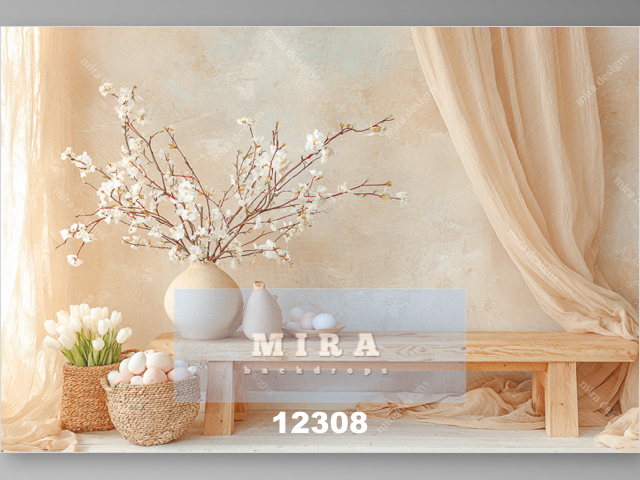 12308 - Parete primaverile stile boho con fiori e uova di Pasqua